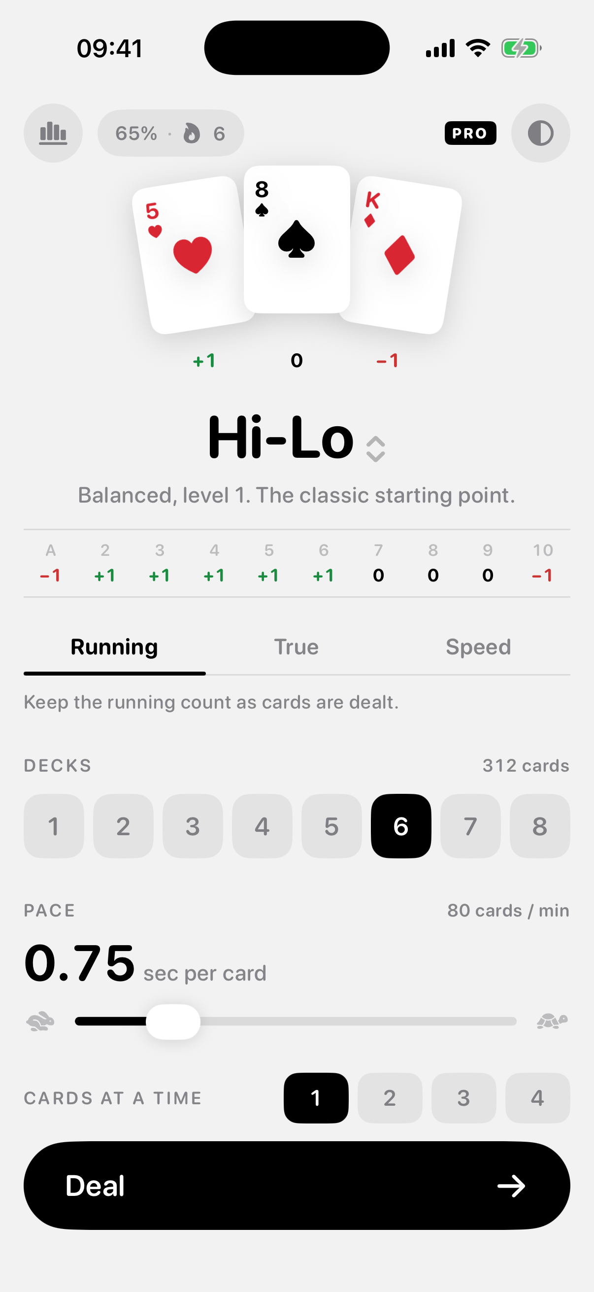 Count setup screen with three sample cards showing Hi-Lo tags, a six-deck shoe selected and a pace of 0.75 seconds per card