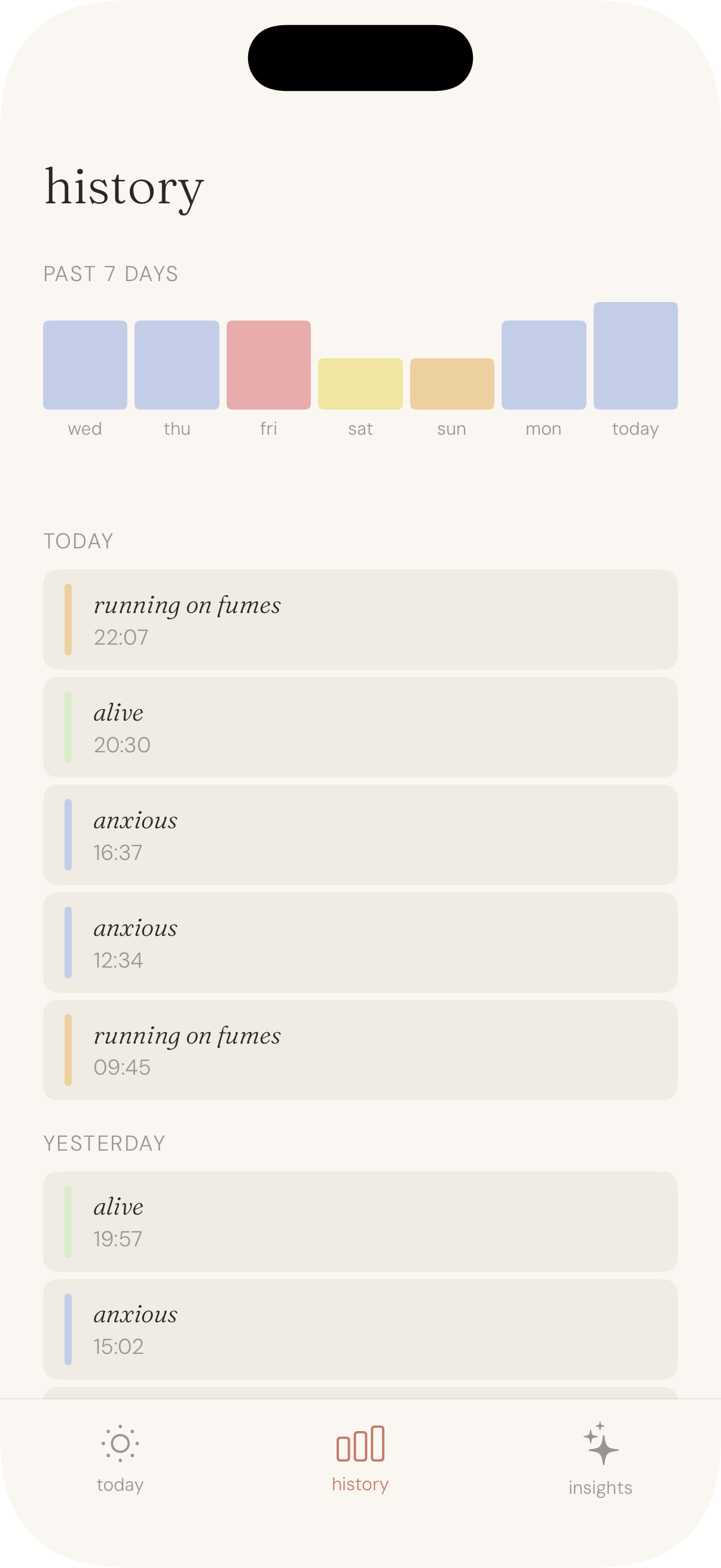 current app history screen showing past 7 days as colour blocks and a log of recent check-ins