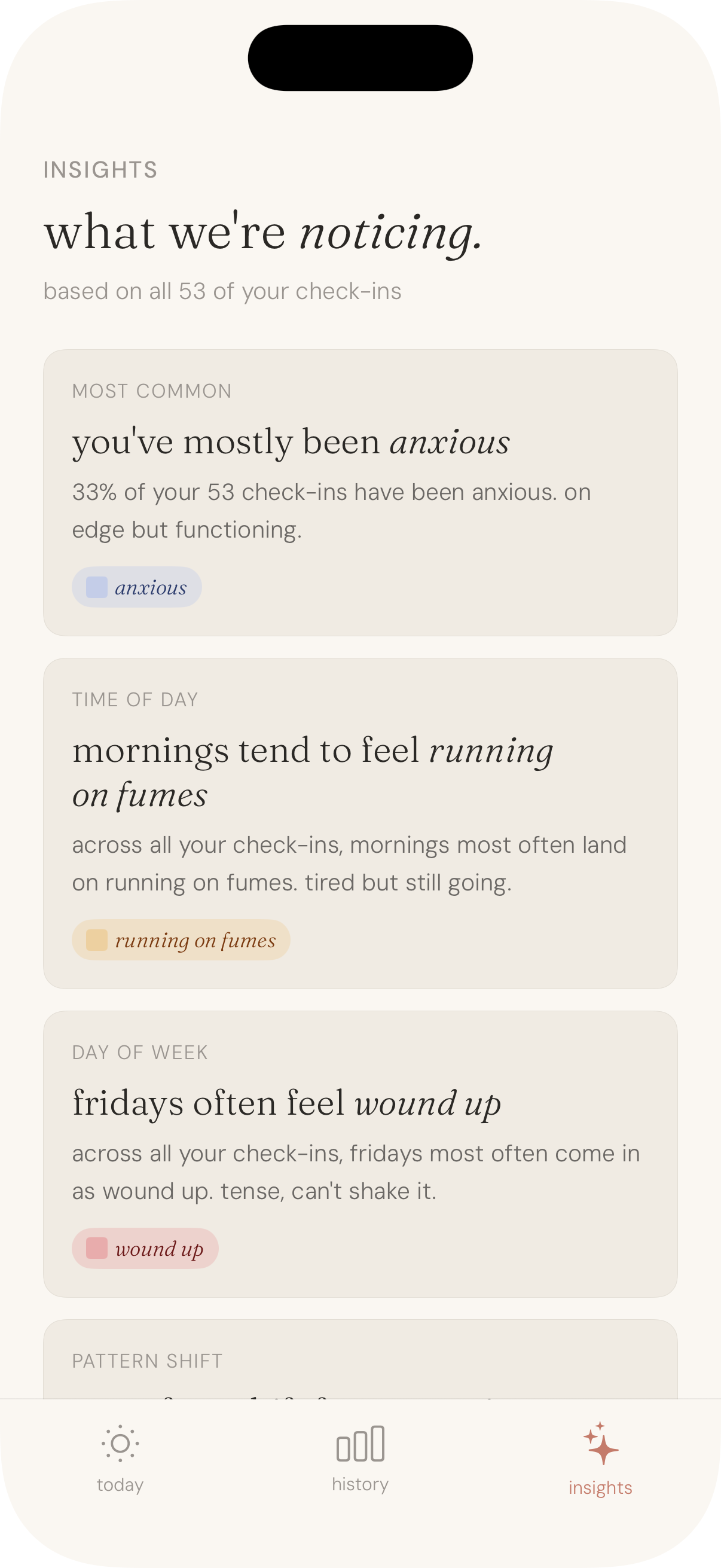 current app insights screen showing most common state, time-of-day patterns, and day-of-week patterns
