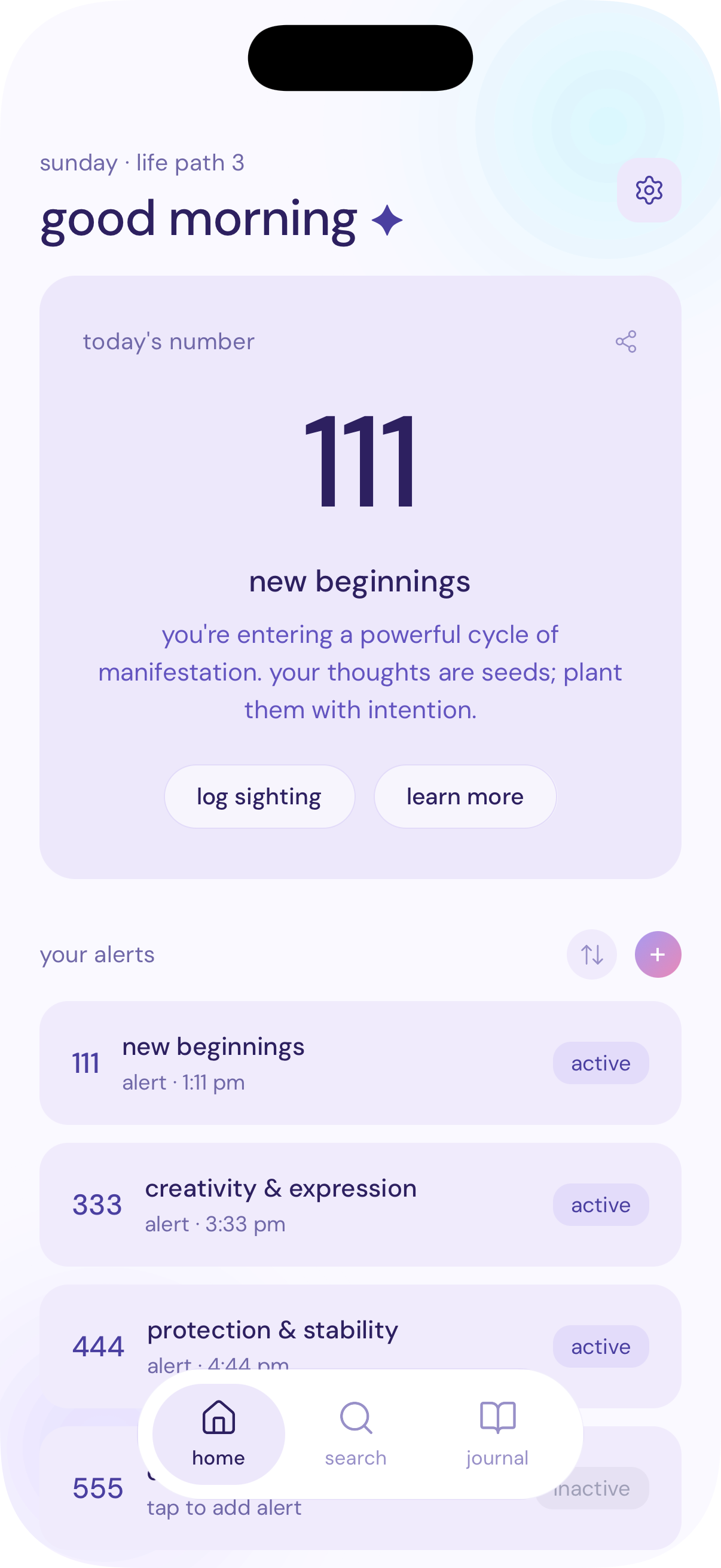 Halo home screen showing today's angel number 111 with meaning and active alerts